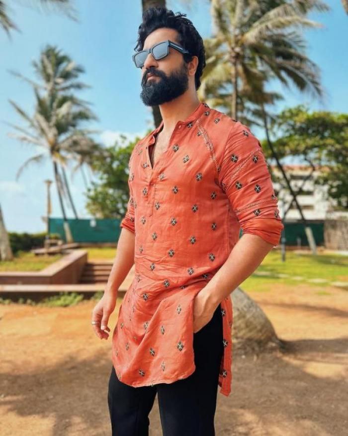 WK Orange Embroidered Work Men's Kurta with Black Pajama