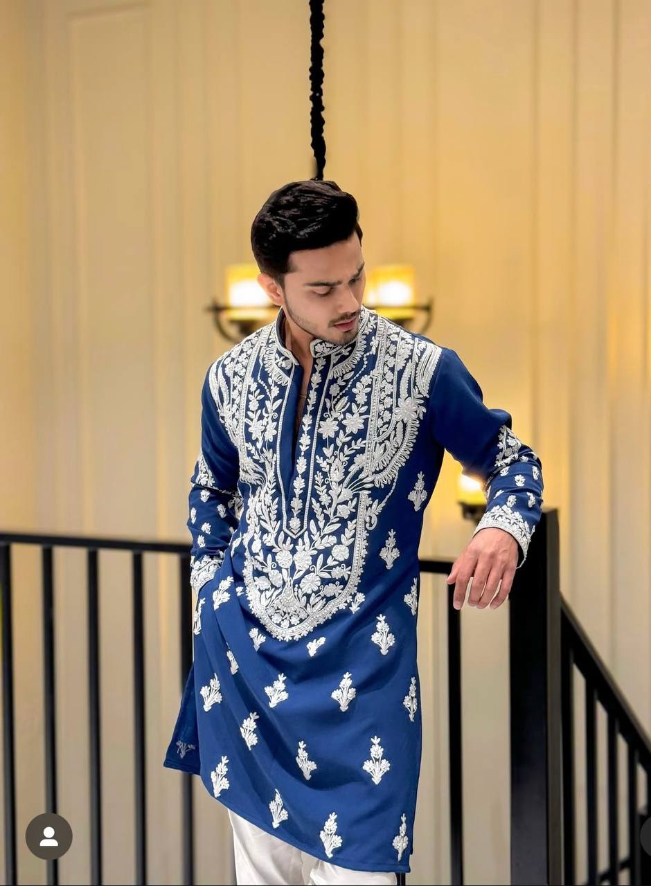SPECIAL BLUE EMBROIDERED WORK MEN'S KURTA WITH PAJAMA