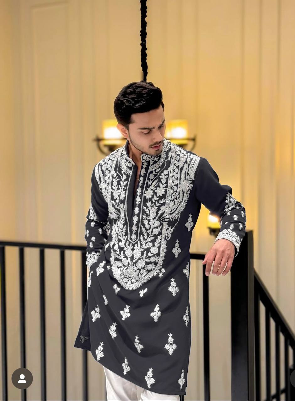 Eid Special Black Neck Embroidered Work Men's Kurta with Pajama