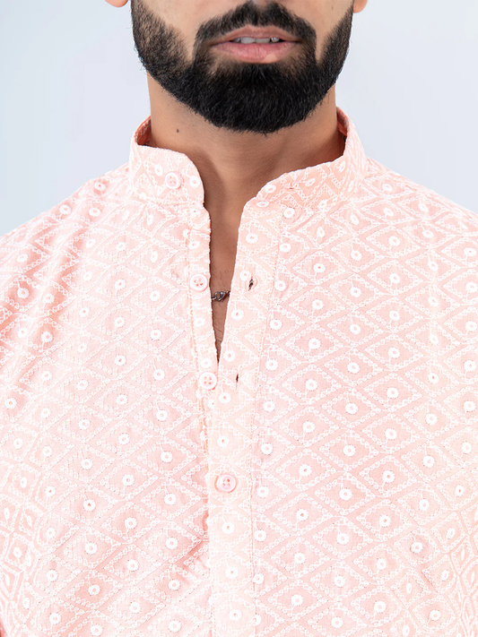 The Peach Schiffli Embrodery Work Men's Kurta