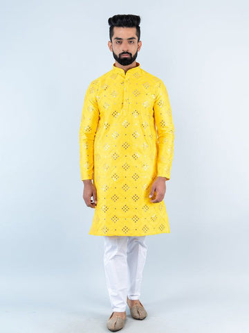 YELLOW 9 MIRROR EMBROIDERY MENS KURTA ONLY