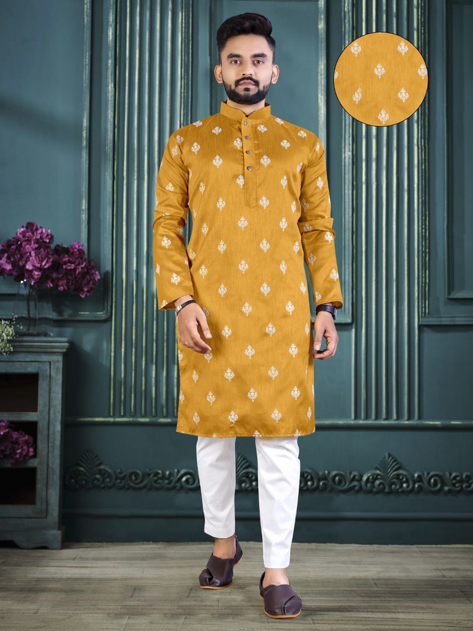 YELLOW 3MM SEQUENCE MOTIF DESIGN  EMBROIDERY WORK MEN'S KURTA ONLY