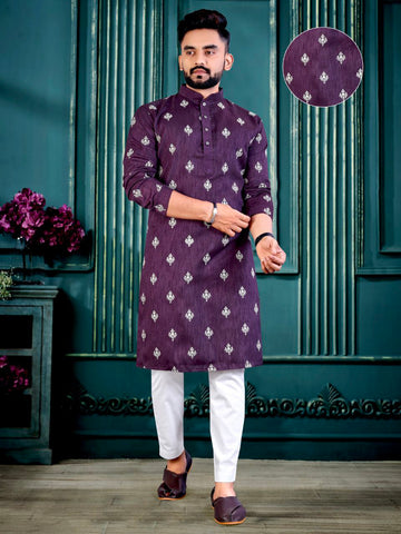 WINE 3MM SEQUENCE MOTIF DESIGN  EMBROIDERY WORK MEN'S KURTA ONLY