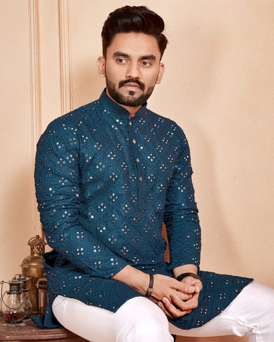 BLUE MIRROR EMBROIDERY KURTA ONLY