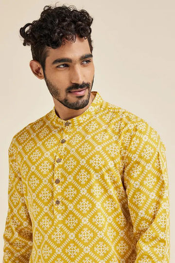 YELLOW JAIPURI PRINTED MENS KURTA ONLY