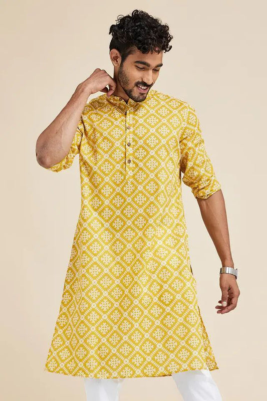 YELLOW JAIPURI PRINTED MENS KURTA ONLY