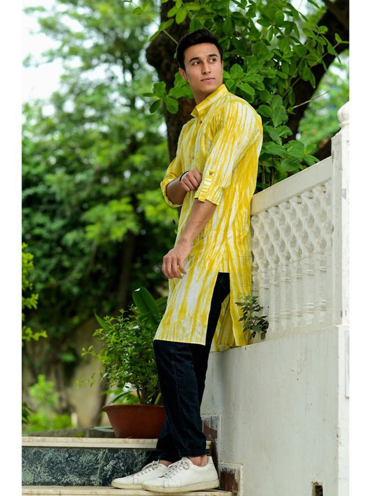 YELLOW HATHELI SHIBHORI PRINTED MENS KURTA ONLY