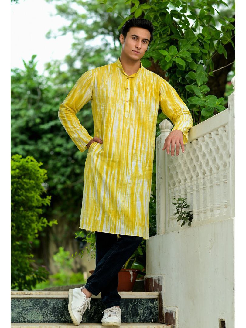 YELLOW HATHELI SHIBHORI PRINTED MENS KURTA ONLY