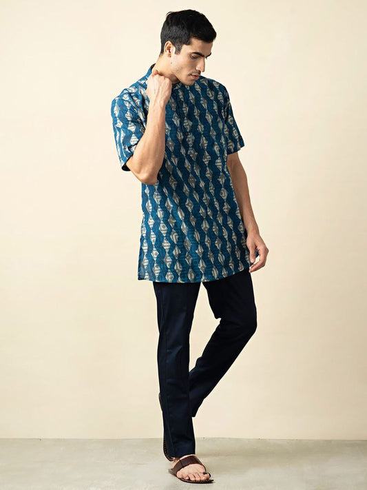 BLUE BLOCK PRINTED MENS KURTA SHIRT ONLY