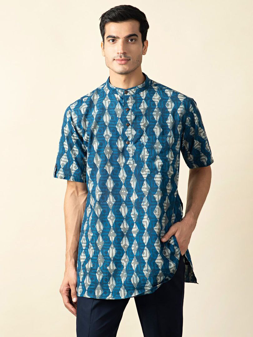 BLUE BLOCK PRINTED MENS KURTA SHIRT ONLY