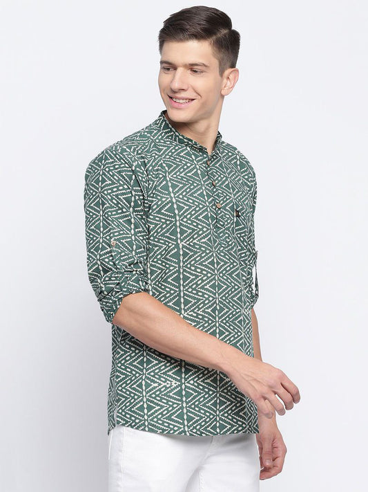 OLIVE GREEN PRINTED MENS KURTA SHIRT ONLY