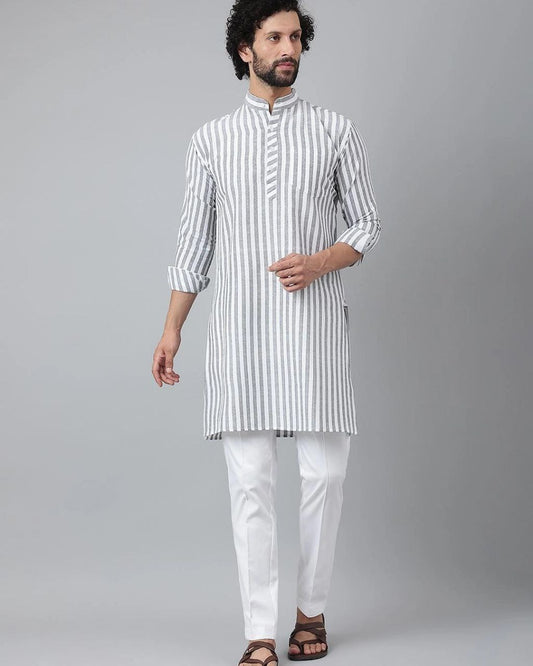 WHITE STRIPED PRINTED MENS KURTA ONLY