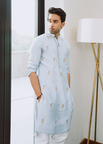 ICE BLUE BUTI MEN'S DESIGNER EMBRODRY KURTA ONLY