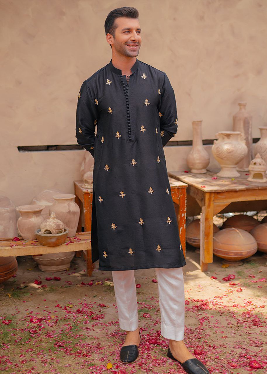 TRADITIONAL BLACK MEN'S DESIGNER EMBRODRY KURTA ONLY