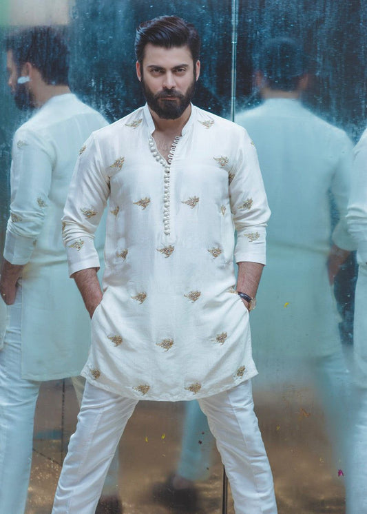 STYLISH WHITE EMBROIDERY WORK DESIGNER KURTA FOR MEN'S