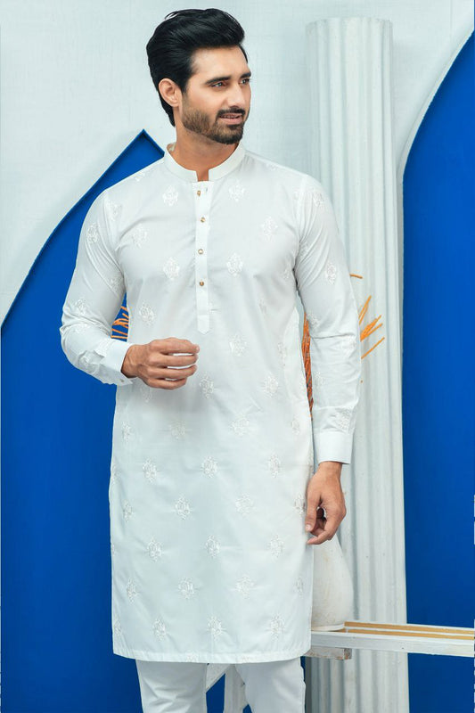 WHITE EMBROIDERED DESIGNER MEN'S KURTA ONLY