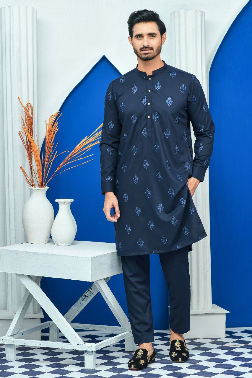 STEEL BLUE EMBROIDERED DESIGNER MEN'S KURTA ONLY