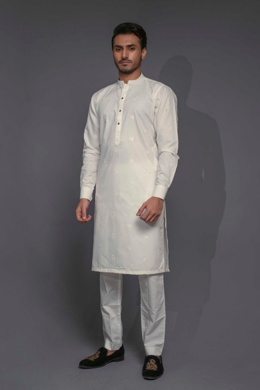 OFF WHITE EMBROIDERED DESIGNER NEN'S KURTA ONLY