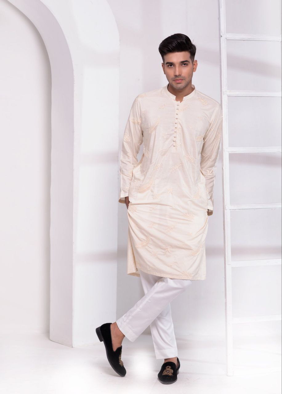 JASMINE WHITE LEAF EMBROIDERED MEN'S KURTA ONLY