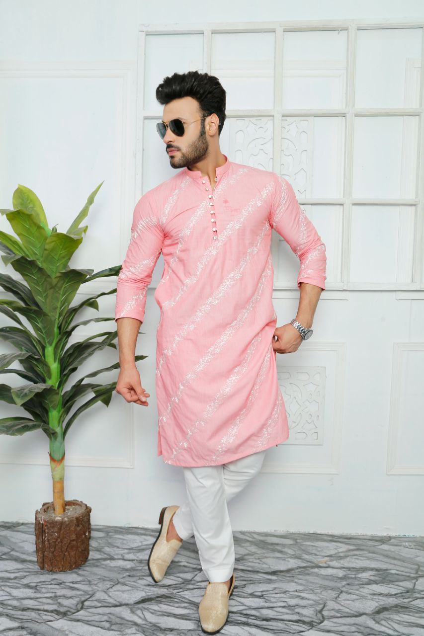 LIGHT PINK EMBROIDERY WORKED DESIGNER MENS KURTA ONLY