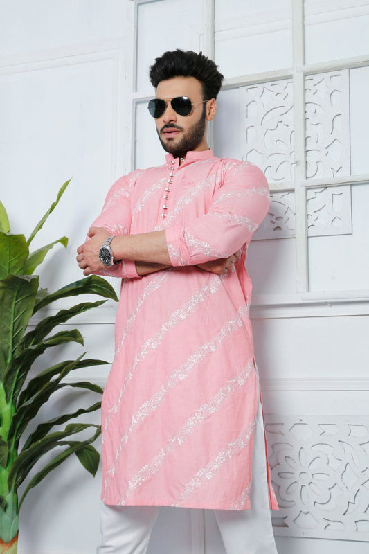 LIGHT PINK EMBROIDERY WORKED DESIGNER MENS KURTA ONLY