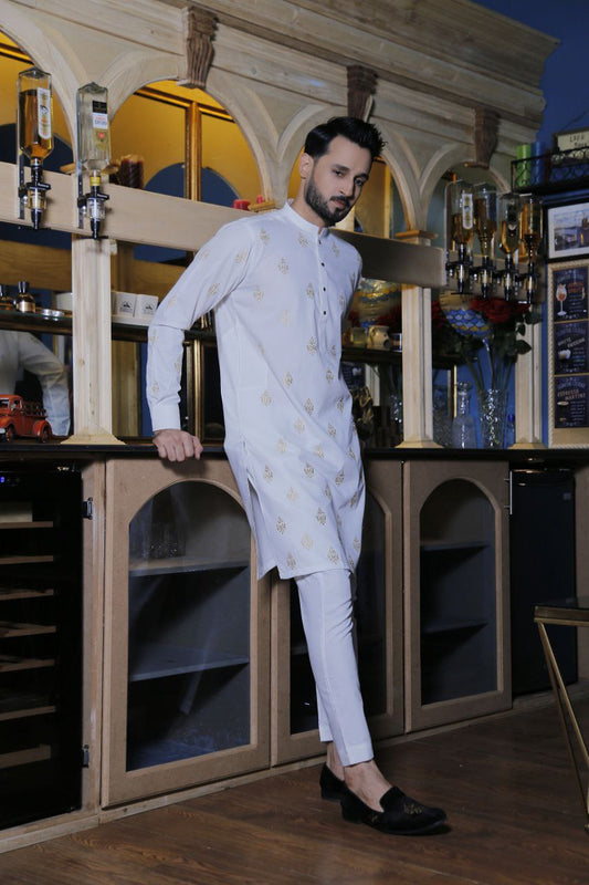 SMOKY WHITE EMBROIDERY WORKED MENS KURTA ONLY