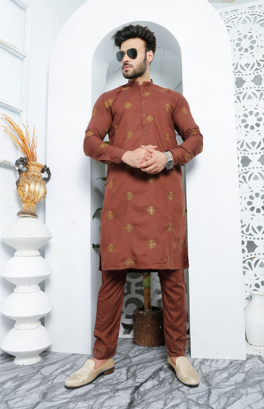 BROWN EMBROIDERY WORKED MEN'S DESIGNER KURTA ONLY