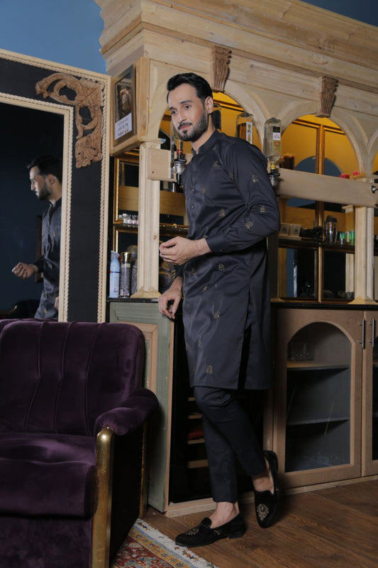 BLACK GOLDEN EMBROIDERY WORKED MEN'S KURTA ONLY