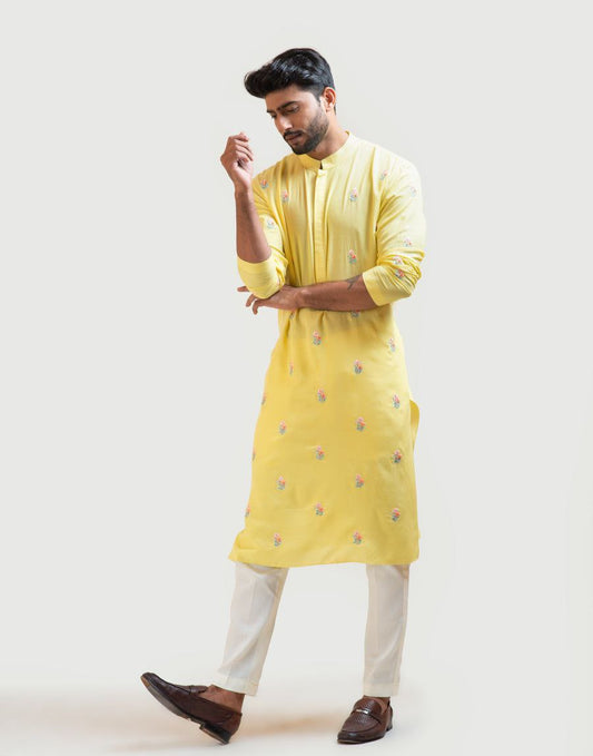 YELLOW FLORAL EMBROIDERED MEN'S KURTA ONLY