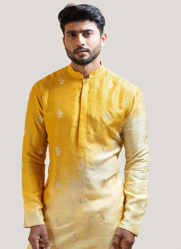 YELLOW SHADED EMBROIDEY WORKED MEN'S KURTA ONLY