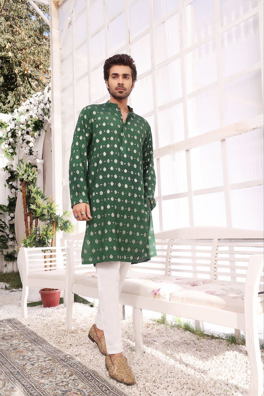 GREEN FOIL PRINTED MIRROR MEN'S KURTA ONLY