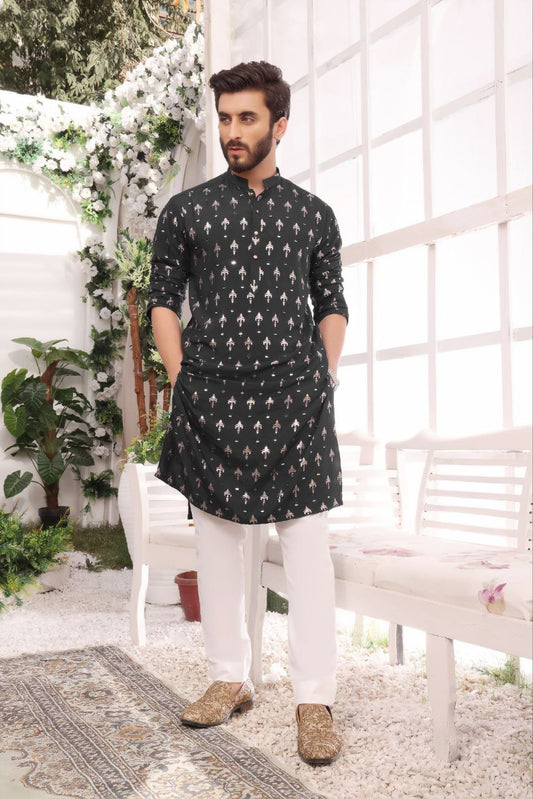 BLACK FOIL PRINTED MIRROR MEN'S KURTA ONLY