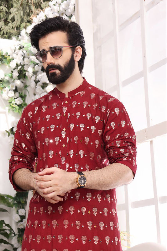 RED FOIL PRINTED MIRROR MEN'S KURTA ONLY