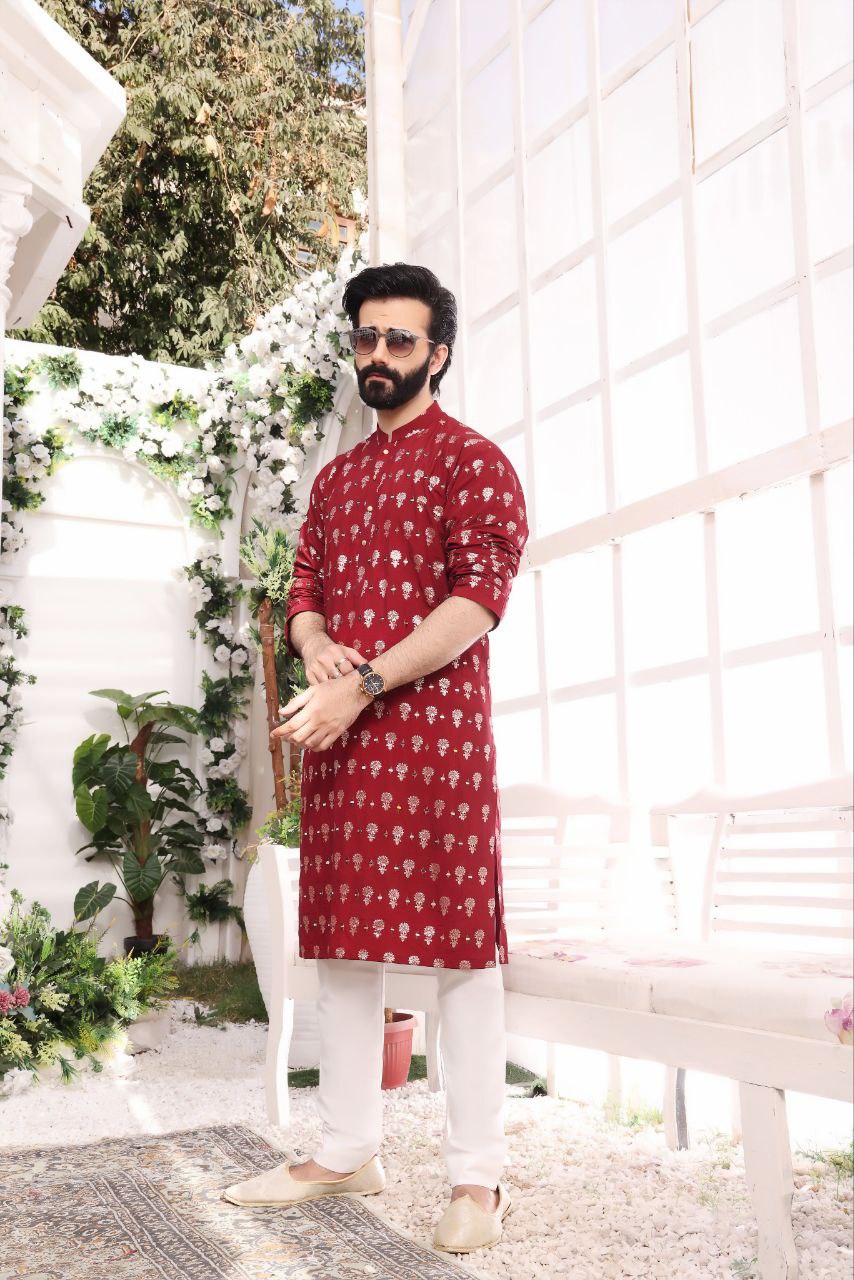 RED FOIL PRINTED MIRROR MEN'S KURTA ONLY