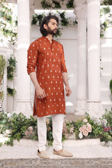 NEON ORANGE FOIL PRINTED MIRROR KURTA ONLY