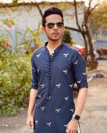 BLUE LEAF EMBROIDERY WORK MEN'S KURTA