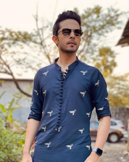 BLUE LEAF EMBROIDERY WORK MEN'S KURTA