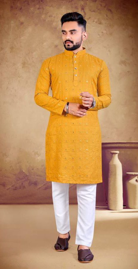 MEN'S YELLOW TRIANGAL EMBRODRY WORK KURTA ONLY