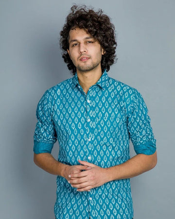 BLUE BLOCK PRINTED MEN'S SHIRT