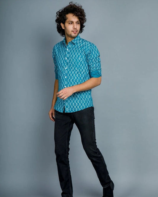 BLUE BLOCK PRINTED MEN'S SHIRT