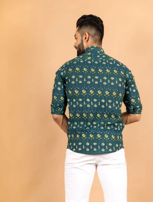 GREEN JAIPURI PRINTED COTTON SHIRT